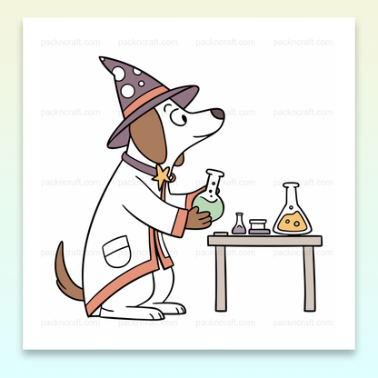 Illustration d'un chien sorcier en chimie, idéale pour papeterie et éducatif