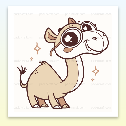Illustration d'un chameau joyeux avec des lunettes dans un style kawaii, idéal pour des usages décoratifs et éducatifs.
