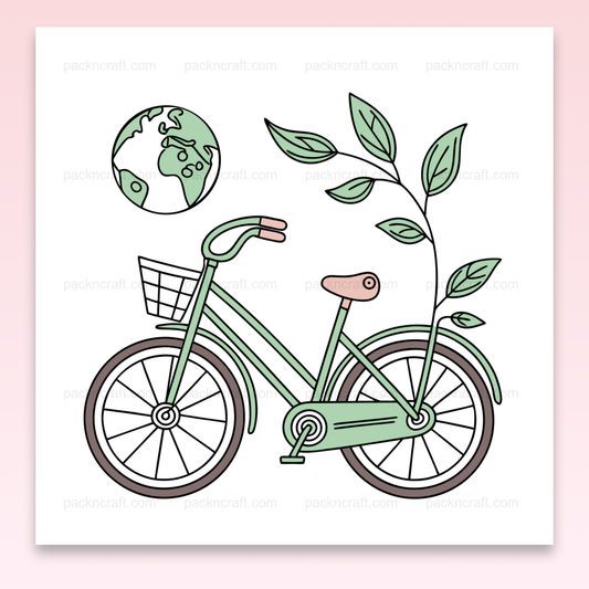 Illustration d'un vélo vert écologique avec un globe et des feuilles en style pastel, pour projets créatifs.