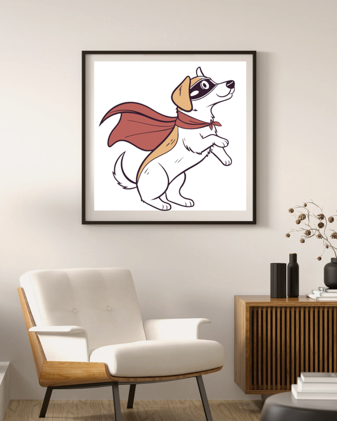 Cadre avec un chien volant masqué au style héroïque, compagnon inspirant