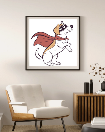Cadre avec un chien volant masqué au style héroïque, compagnon inspirant