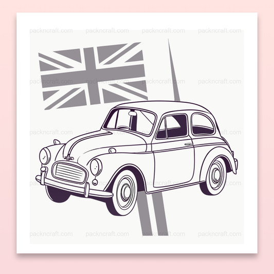 Design du Morris Minor classique avec drapeau britannique pour une déco vintage.