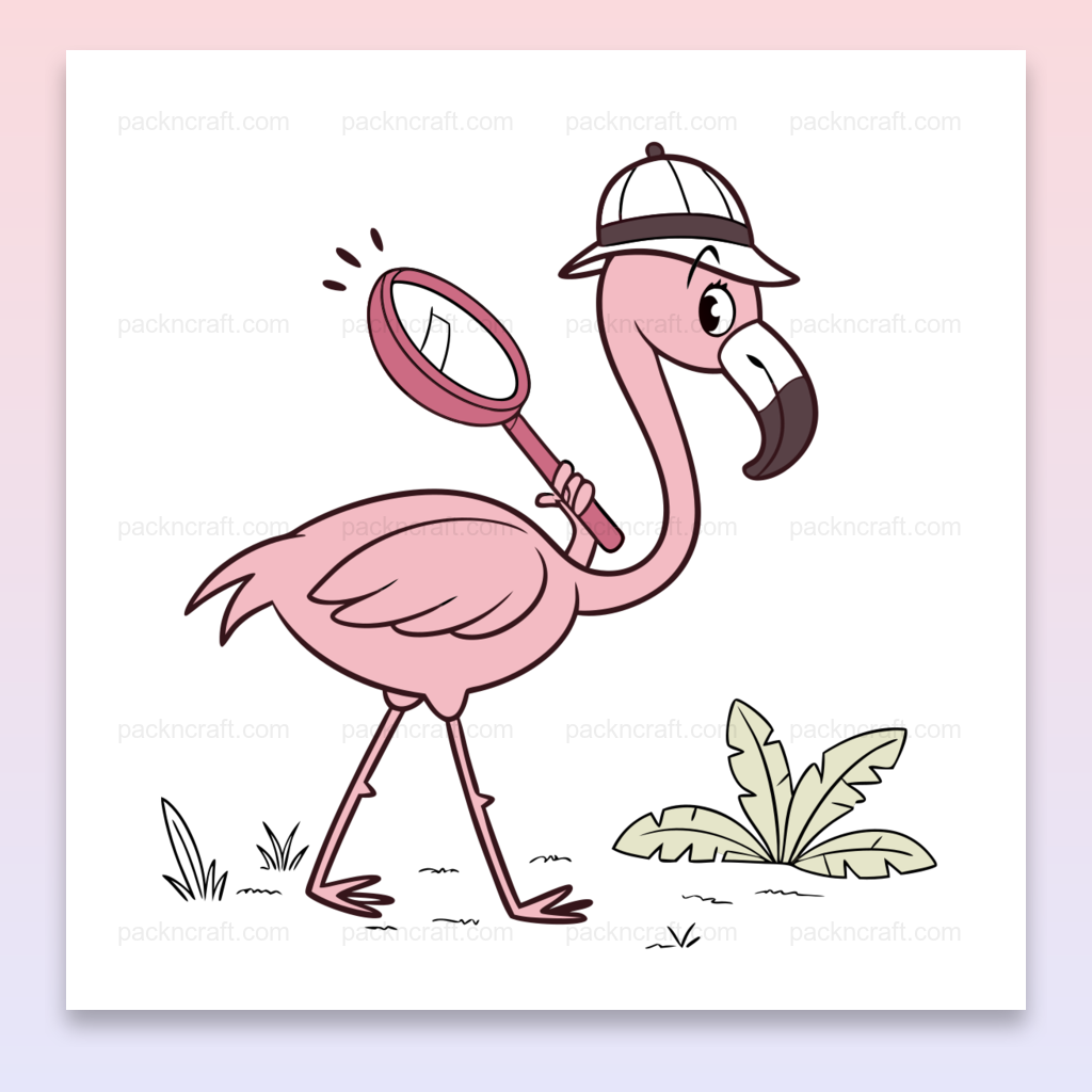 Flamant rose détective avec loupe, illustration décorative SVG