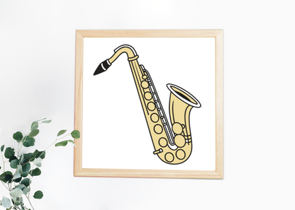 Cadre avec saxophone stylisé, design minimaliste évoquant une ambiance musicale