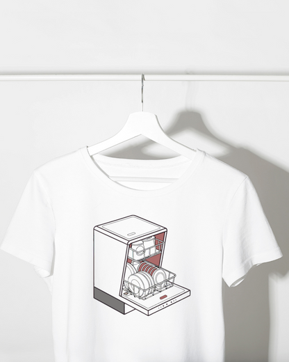 T-shirt blanc avec icône stylisée lave-vaisselle moderne cuisine moderne et tendance
