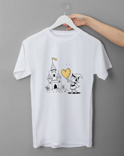 T-shirt avec petit elfe joyeux style cartoon devant un château fantaisiste
