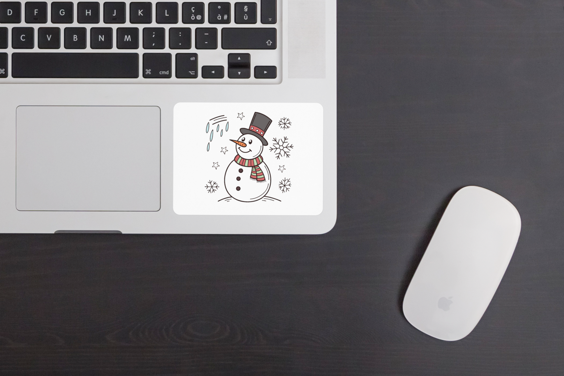 Sticker avec bonhomme de neige joyeux dans scène hivernale magique