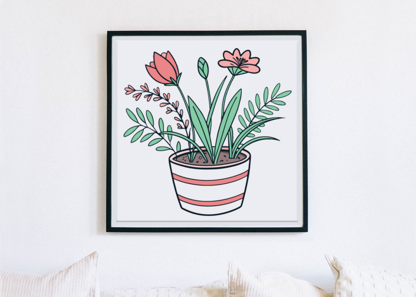 Cadre décoratif avec fleurs printanières en pot ambiance jardin colorée