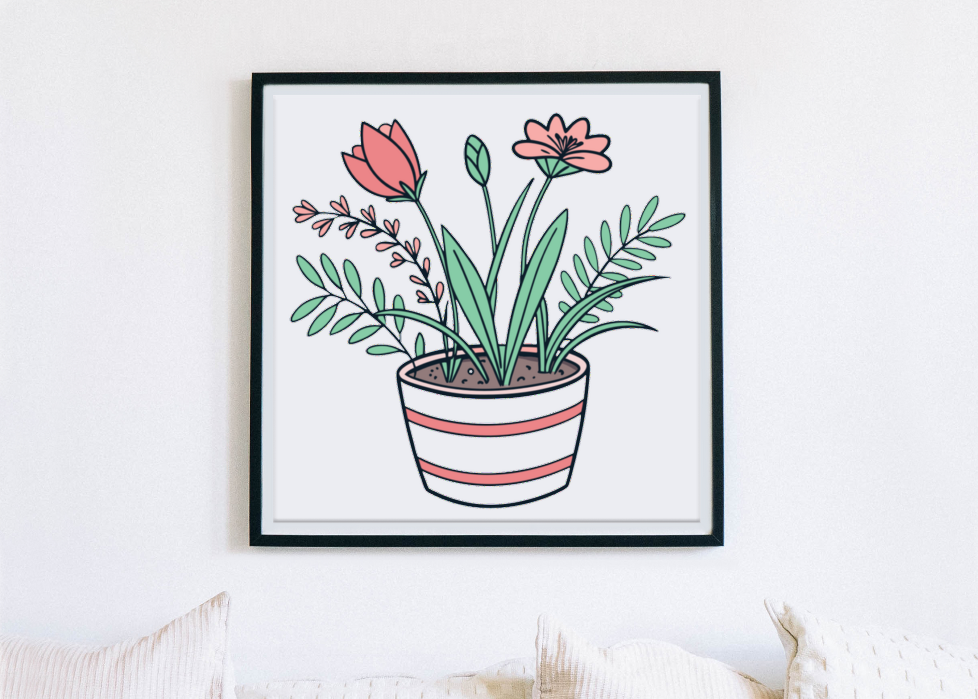 Cadre décoratif avec fleurs printanières en pot ambiance jardin colorée
