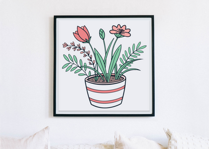 Cadre décoratif avec fleurs printanières en pot ambiance jardin colorée