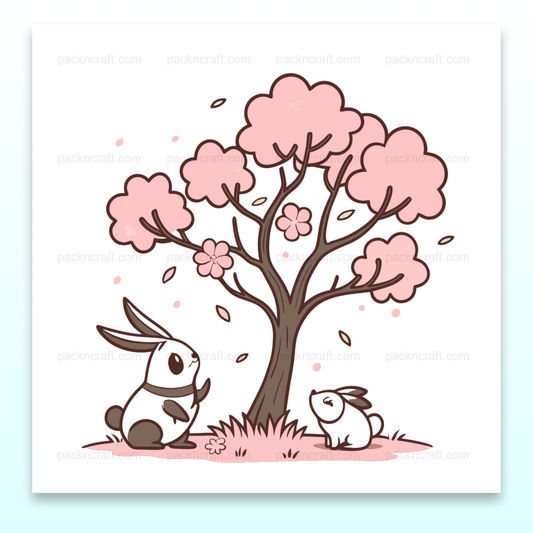 Illustration kawaii de lapins sous un cerisier en fleur, idéale pour DIY et décoration