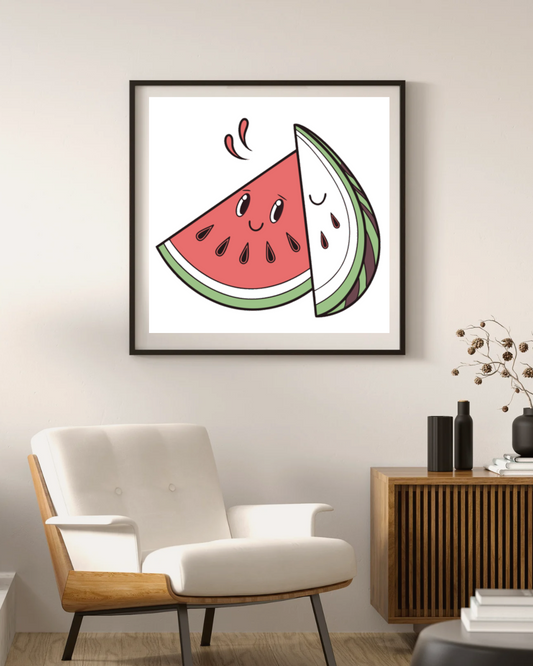 Cadre avec une pastèque kawaii souriante, parfaite pour un décor estival stylé