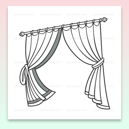 Illustration de rideaux ouverts élégants en style doodle, parfaite pour des projets de décoration et DIY.