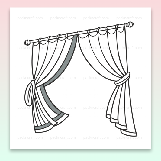 Illustration de rideaux ouverts élégants en style doodle, parfaite pour des projets de décoration et DIY.