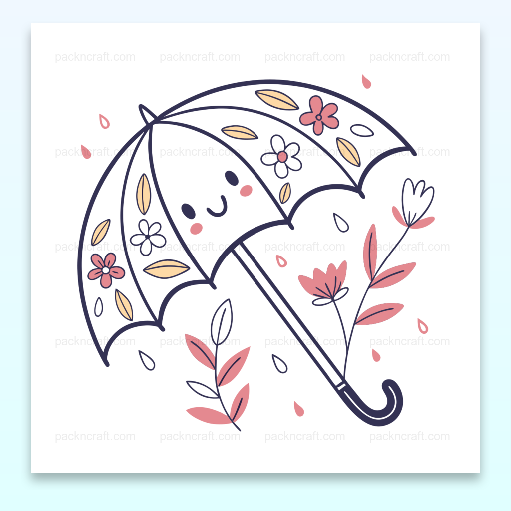 Illustration kawaii de parapluie souriant sous la pluie, parfaite pour projets printaniers et éducatifs.
