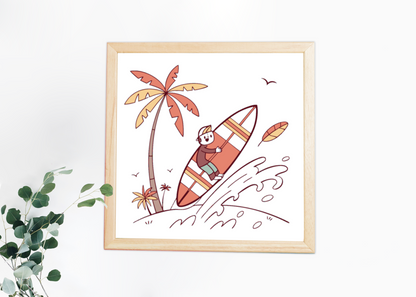 Cadre avec illustration d’un surfeur souriant dans une ambiance tropicale colorée