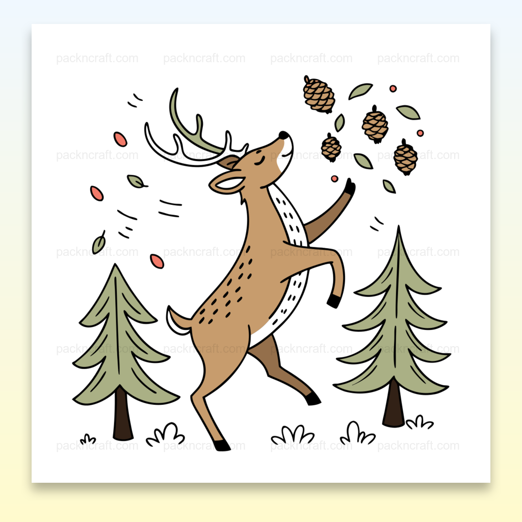 Illustration vectorielle d'un cerf dansant avec des pommes de pin, parfaite pour des projets DIY et papeterie.