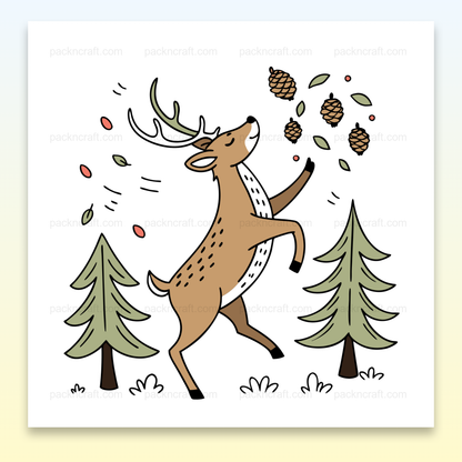 Illustration vectorielle d'un cerf dansant avec des pommes de pin, parfaite pour des projets DIY et papeterie.