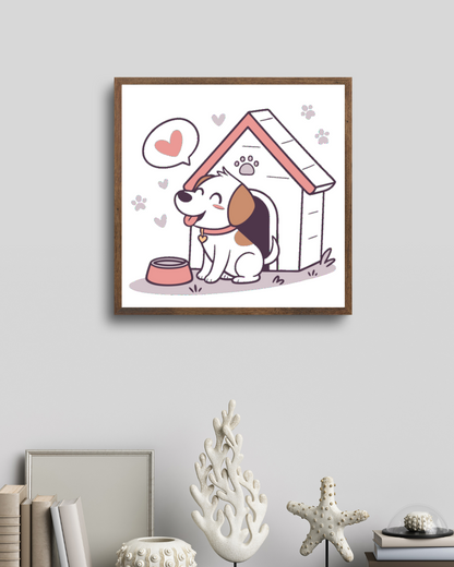 Cadre avec un chien heureux style kawaii dans sa niche ambiance joyeuse et colorée