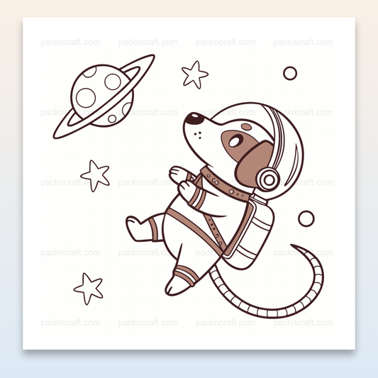 Illustration SVG d'un chiot astronaute flottant dans l'espace, utilisation papeterie et déco.