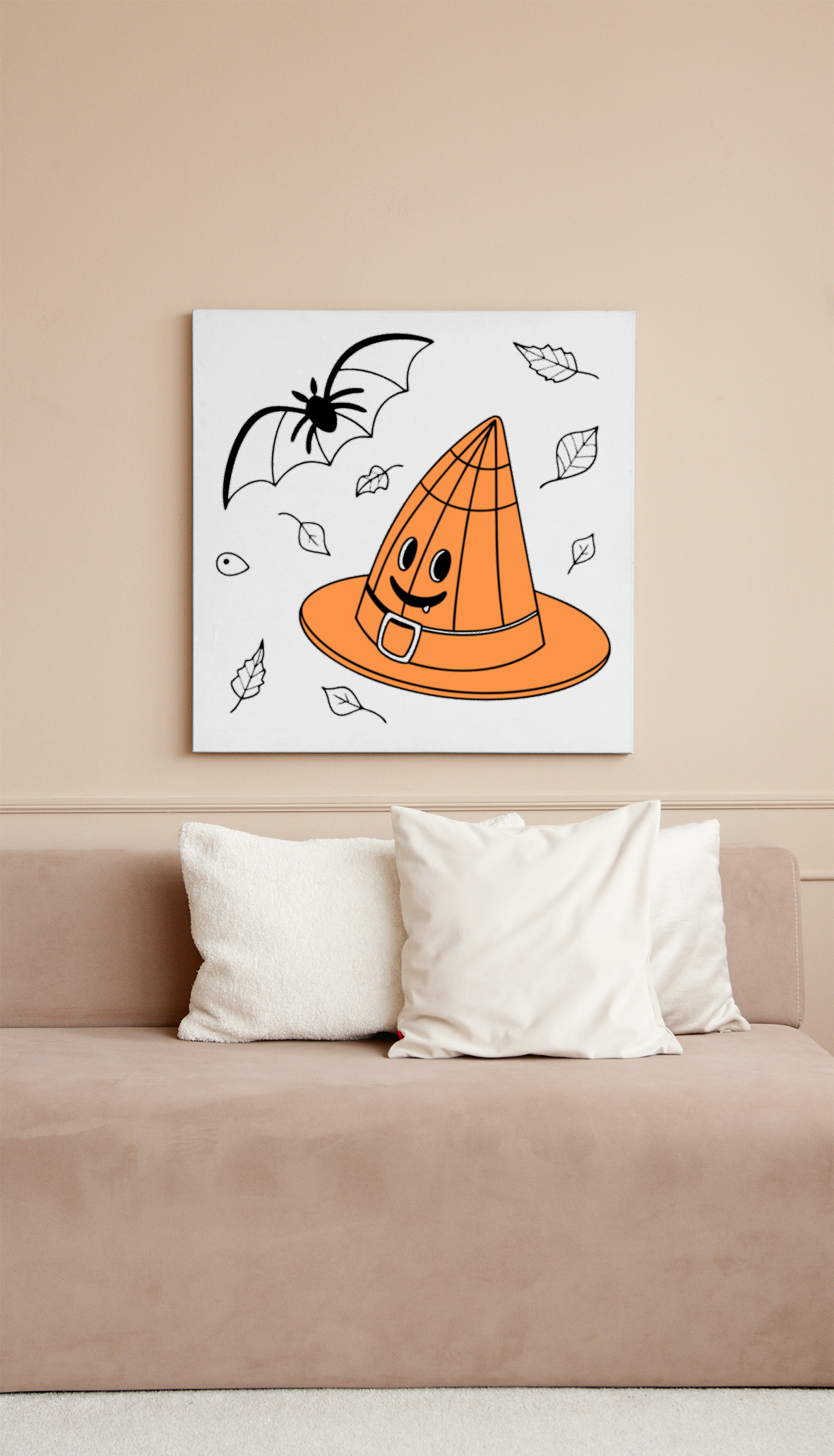 Cadre avec chapeau de sorcier kawaii et sourire espiègle pour Halloween