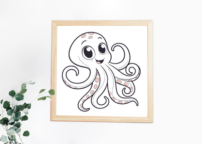 Cadre décoratif avec poulpe souriant en style marin minimaliste