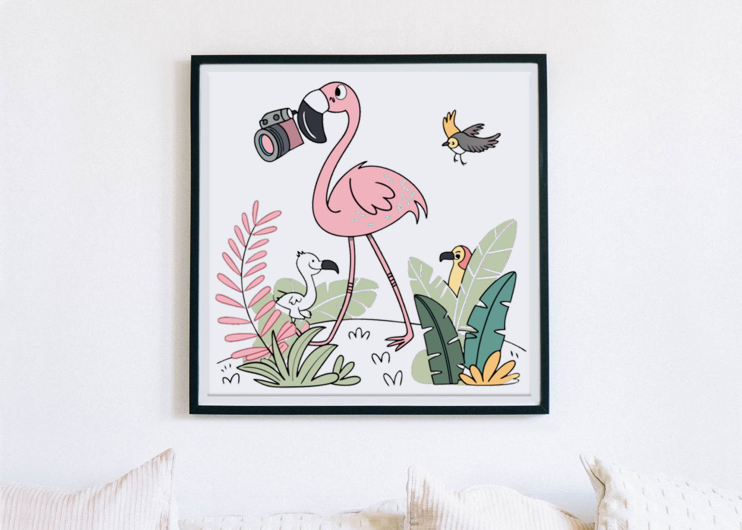Cadre décoratif avec flamant rose style cartoon en safari dans la jungle