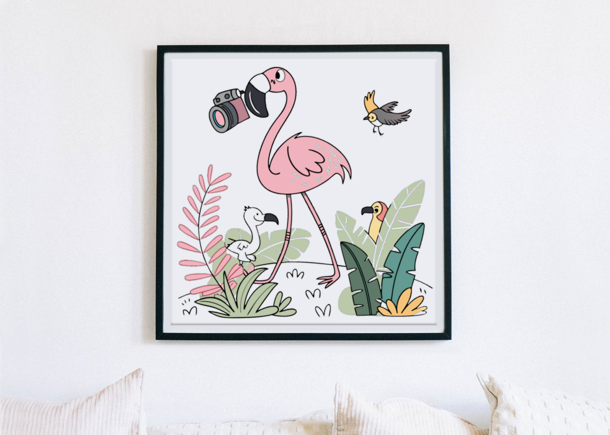 Cadre décoratif avec flamant rose style cartoon en safari dans la jungle
