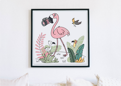 Cadre décoratif avec flamant rose style cartoon en safari dans la jungle