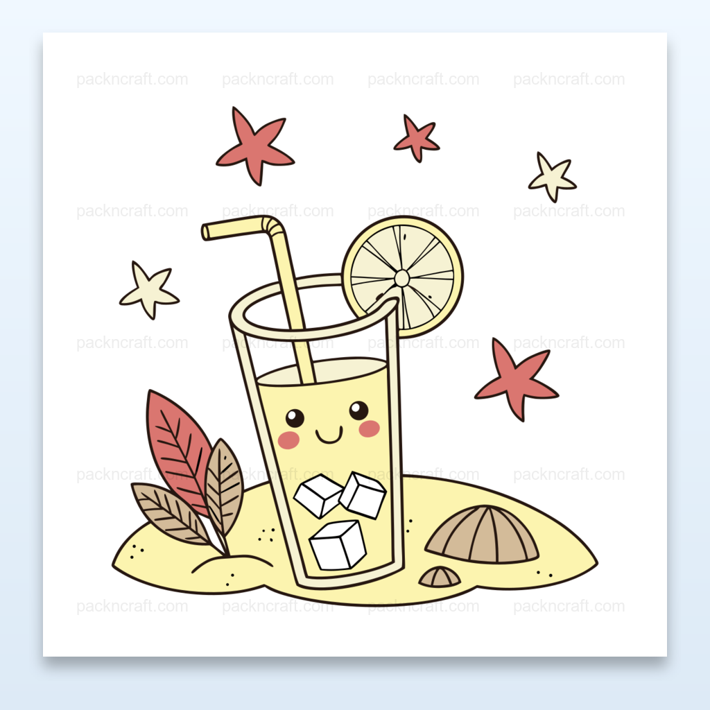 Illustration kawaii d'un verre de jus souriant à la plage pour projets créatifs estivaux