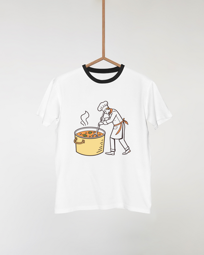 Illustration de chef cuisinier remuant une soupe, t-shirt design, Visuel de chef avec un pot à soupe, art culinaire vecteur, Illustration de cuisinier en action dans un cadre culinaire, Design de mug avec un chef et une soupe en ébullition, Sticker d'un chef préparant une soupe dans une cuisine
