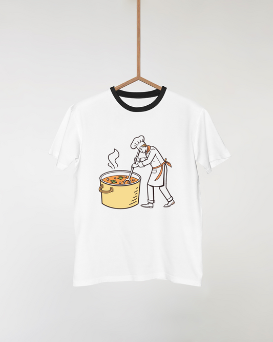 Illustration de chef cuisinier remuant une soupe, t-shirt design, Visuel de chef avec un pot à soupe, art culinaire vecteur, Illustration de cuisinier en action dans un cadre culinaire, Design de mug avec un chef et une soupe en ébullition, Sticker d'un chef préparant une soupe dans une cuisine