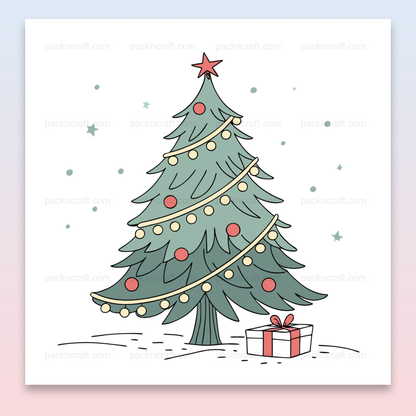 Illustration de sapin de Noël enchanté avec cadeau, en style vectoriel doux, idéal pour décorations festives et DIY.