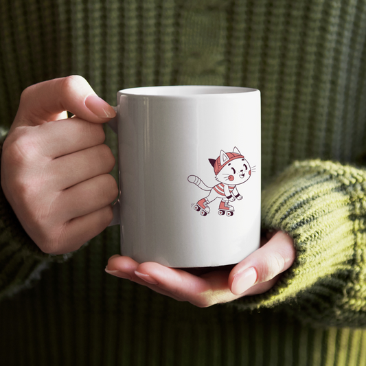 Mug avec un chat en rollers dansant, apportant une touche d'énergie et de gaieté