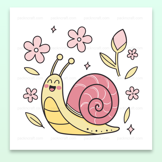 Illustration d'un escargot joyeux avec fleurs en style pastel pour projets DIY et papeterie.