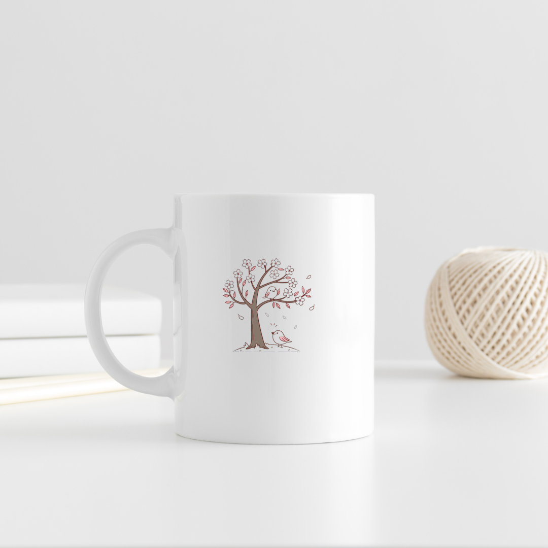 Mug décoré d'oiseaux joyeux et cerisier en fleurs style pastel estival