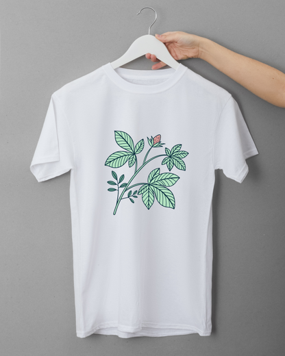 T-shirt botanique avec motif de feuille en floraison style doodle, design élégant