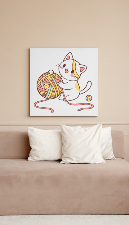 Cadre décoratif avec chat joueur pastel et pelote de laine ambiance féline