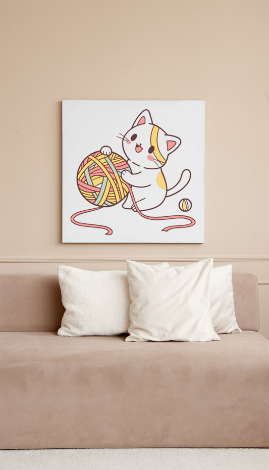 Cadre décoratif avec chat joueur pastel et pelote de laine ambiance féline