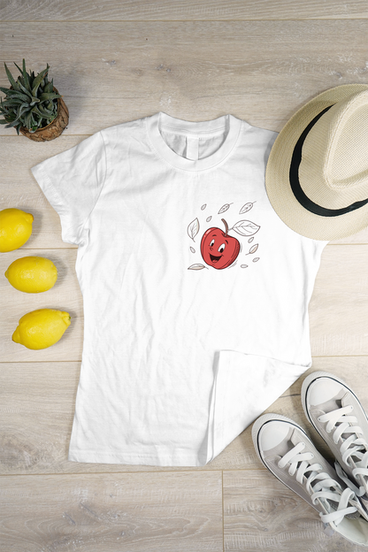 T-shirt affichant une pomme joyeuse en vol dans un style cartoon coloré