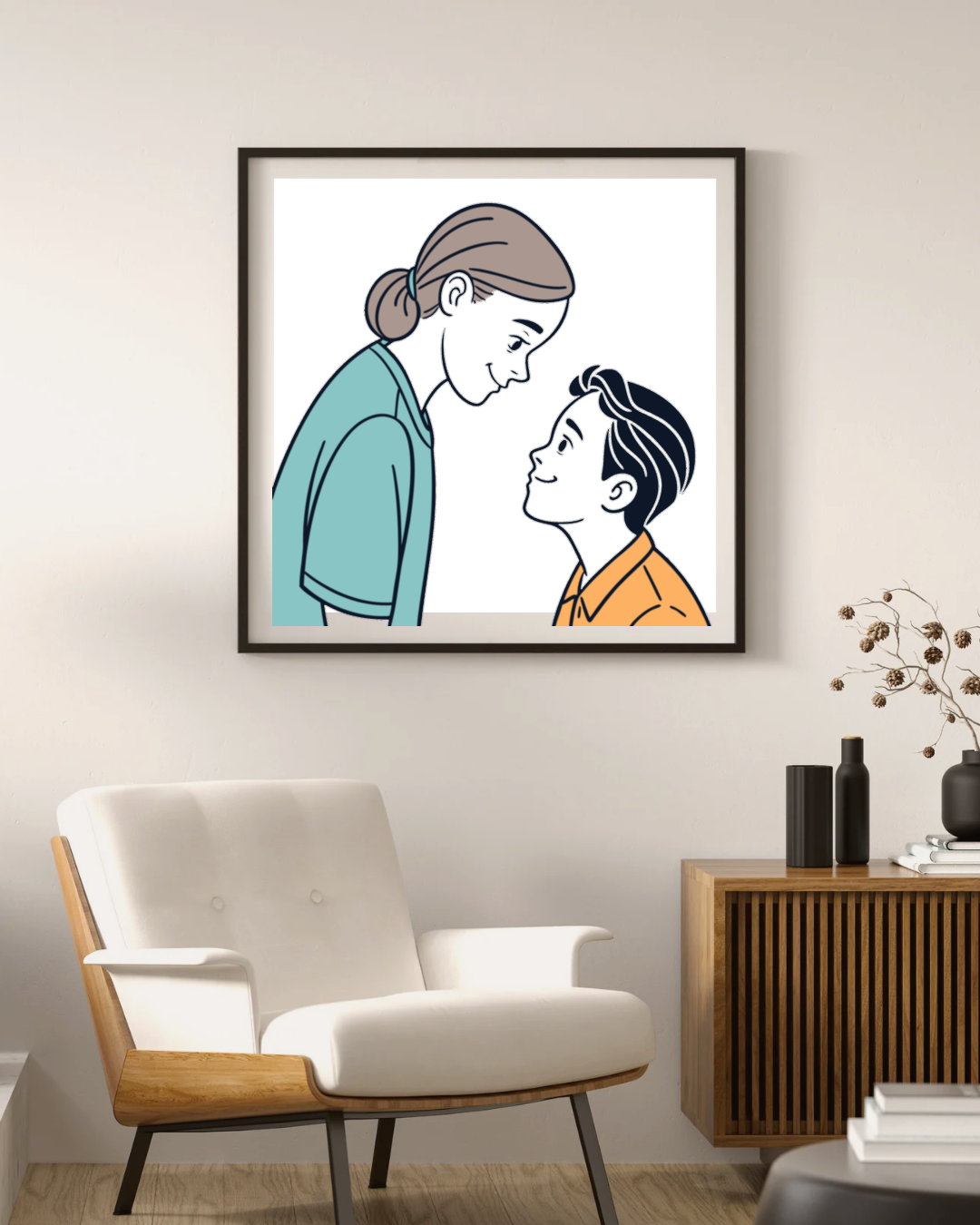 Cadre minimaliste avec icône moderne symbolisant la confiance entre mère et enfant