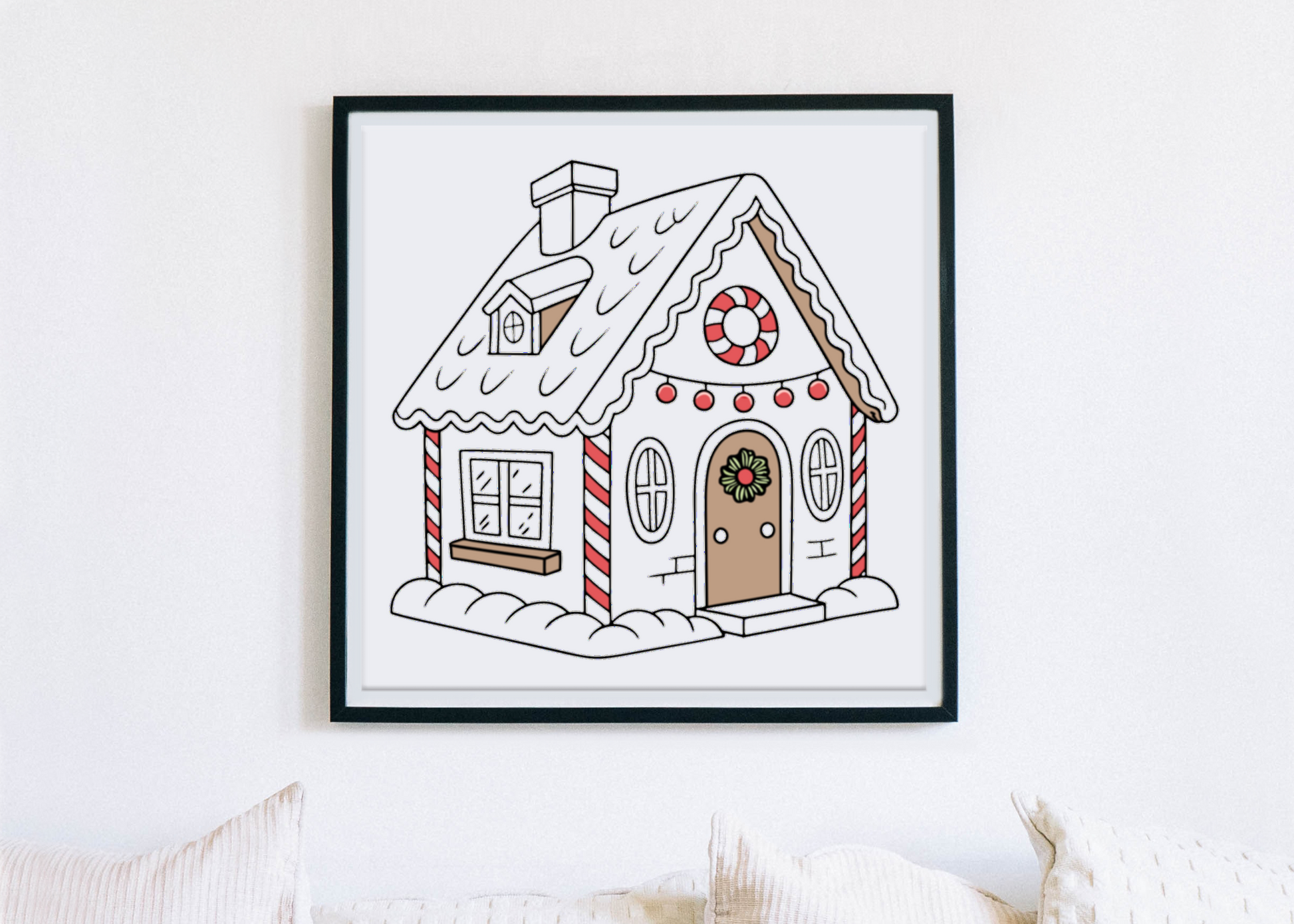 Cadre avec icône maison pain d'épices festive pour Noël ambiance douce et magique