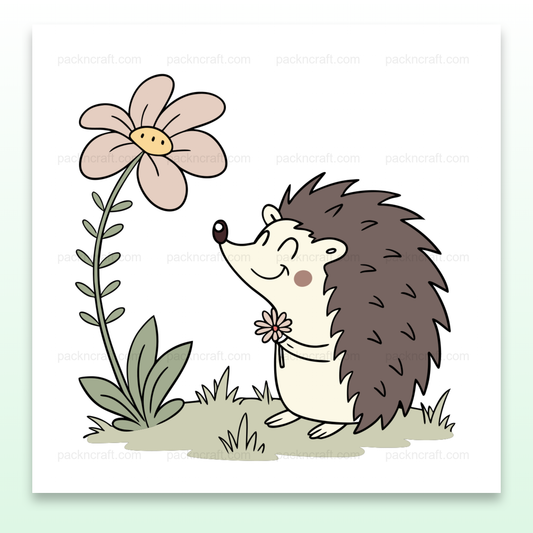 Illustration d'un hérisson joyeux avec une fleur géante, idéal pour projets DIY et papeterie.