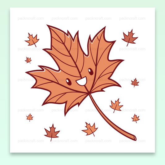 Illustration d'une feuille joyeuse d'automne en style cartoon, idéale pour décoration cozy.