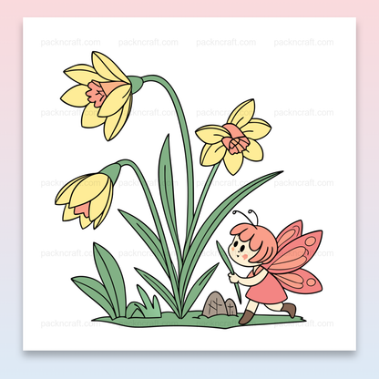Illustration de fée espiègle avec jonquilles, fichier numérique idéal pour papeterie printanière
