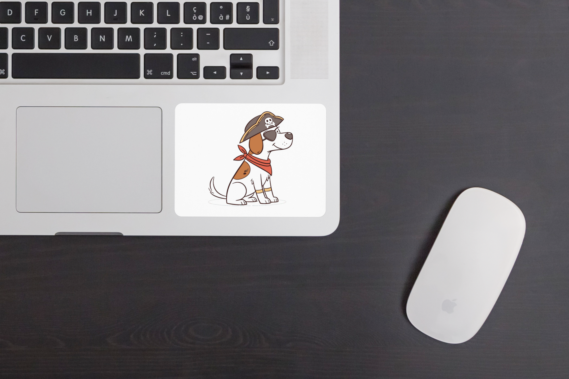 Sticker décoratif avec chien pirate joyeux sur fond minimaliste, thème aventure canine