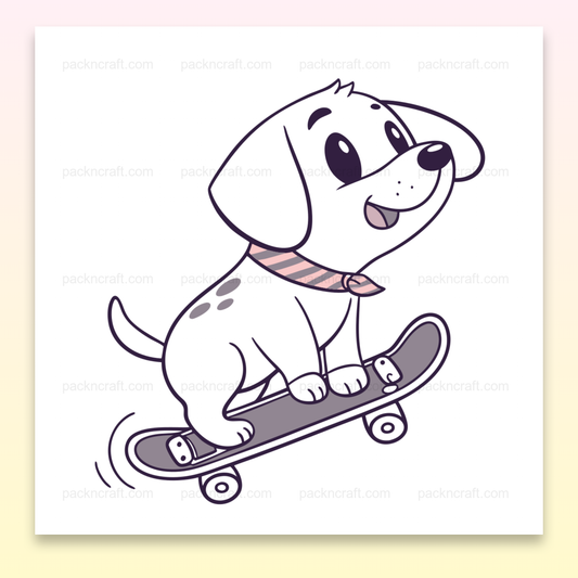 Illustration kawaii d'un chiot joyeux sur un skateboard, usage créatif et éducatif