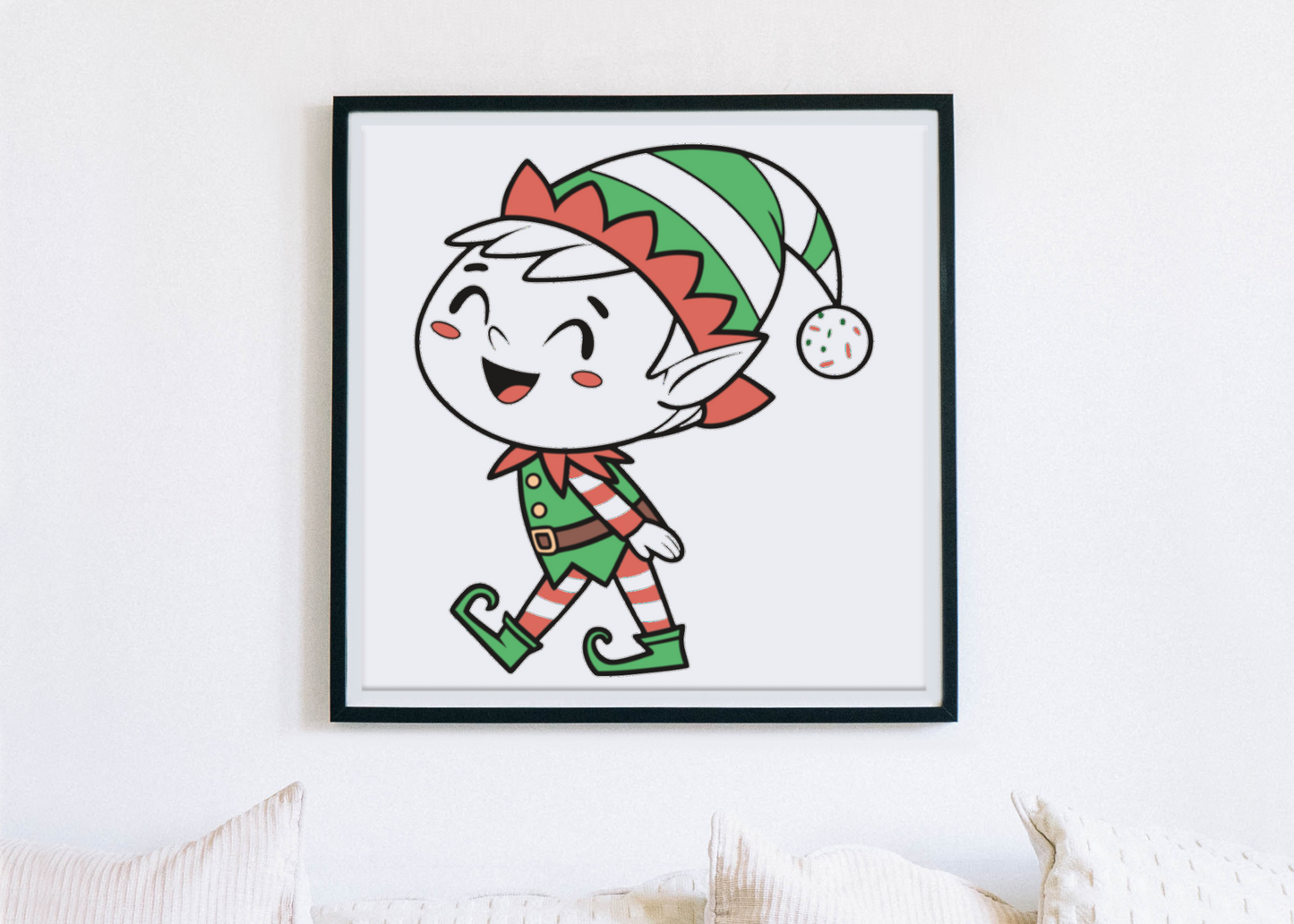 Cadre festif avec un elfe joyeux marchant, ambiance de Noël numérique vibrante