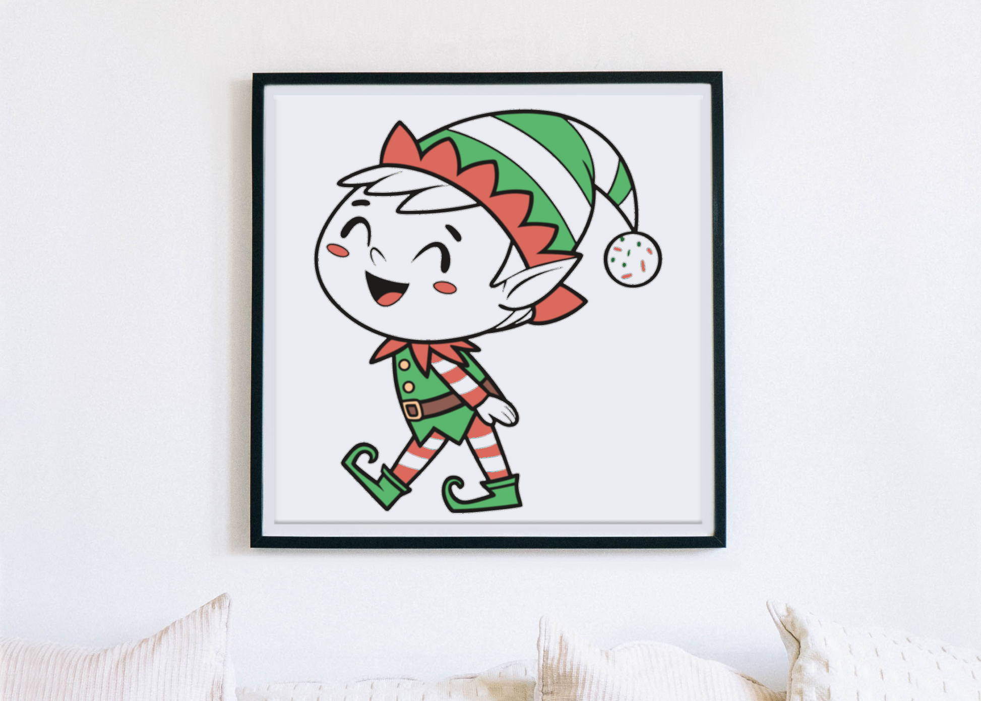 Cadre festif avec un elfe joyeux marchant, ambiance de Noël numérique vibrante