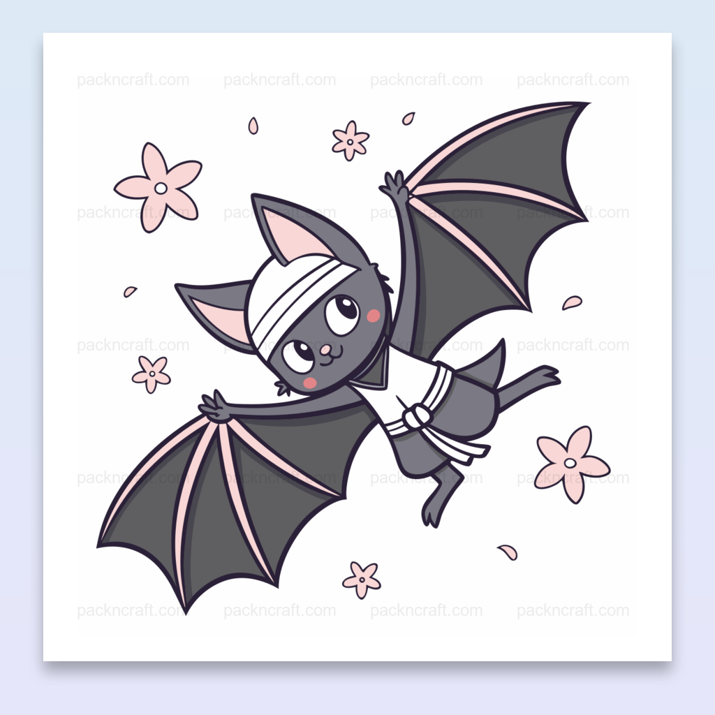 Illustration kawaii d'une chauve-souris joyeuse en kimono sur fond fleuri, usage DIY et déco.